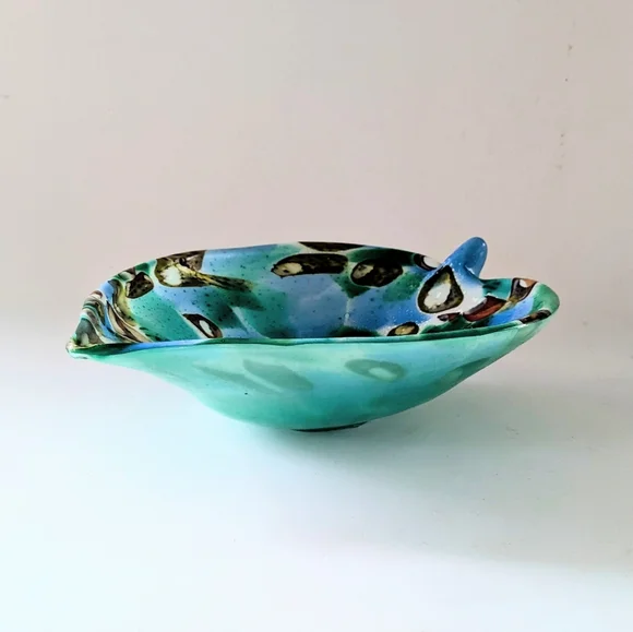 Vintage Murano Glass Leaf Bowl – Tutti Frutti Blue Green w/ Silver Flecks